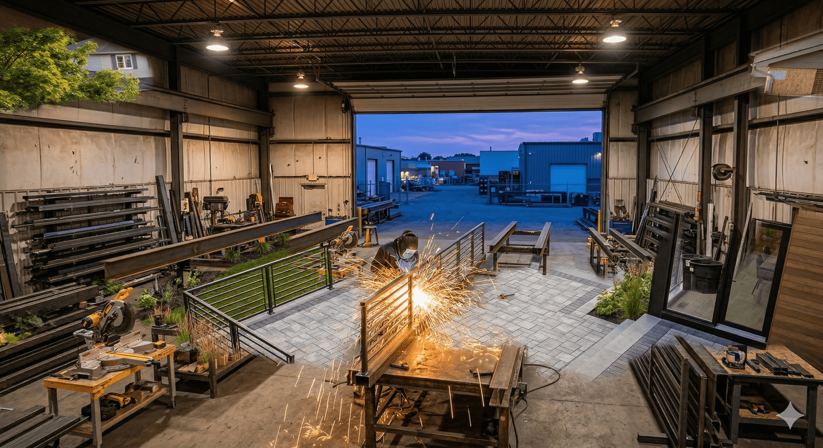 Professional welding workshop with sparks and custom metal fabrication