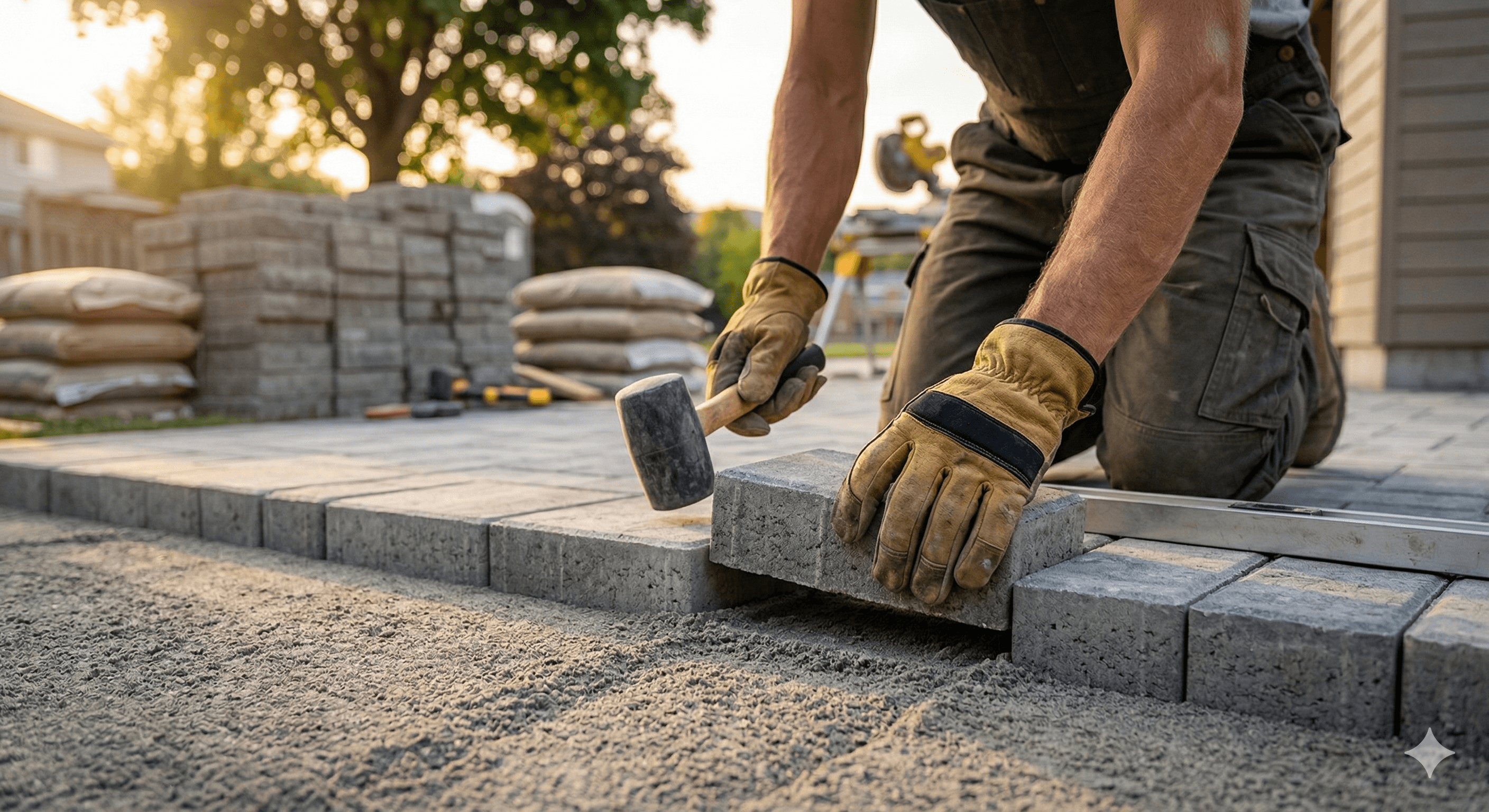 Skilled contractor laying interlocking stone pavers on a residential patio